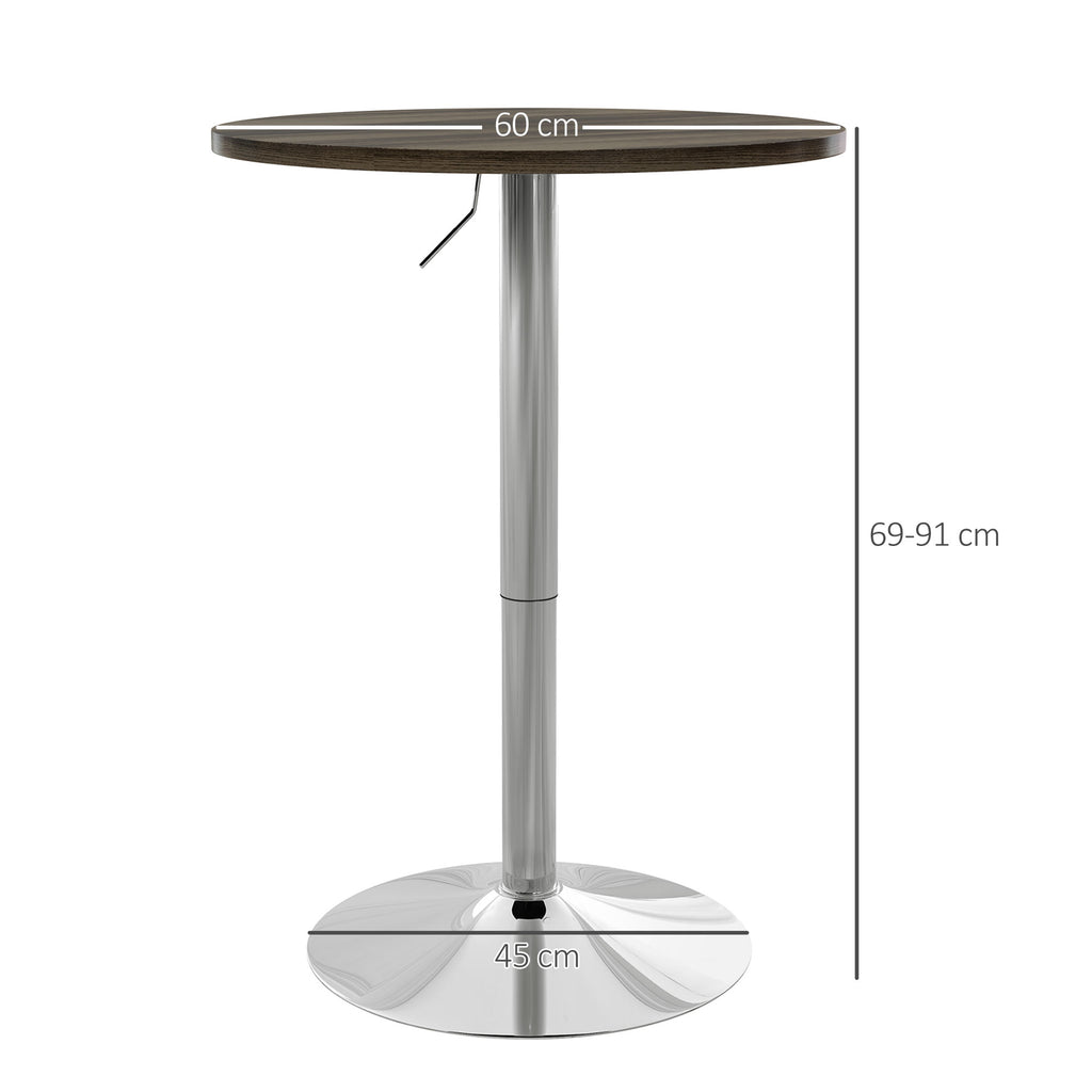 High Bar Table with Adjustable Height, Swivel Top and Steel Base, Ø60x69-91cm, Brown
