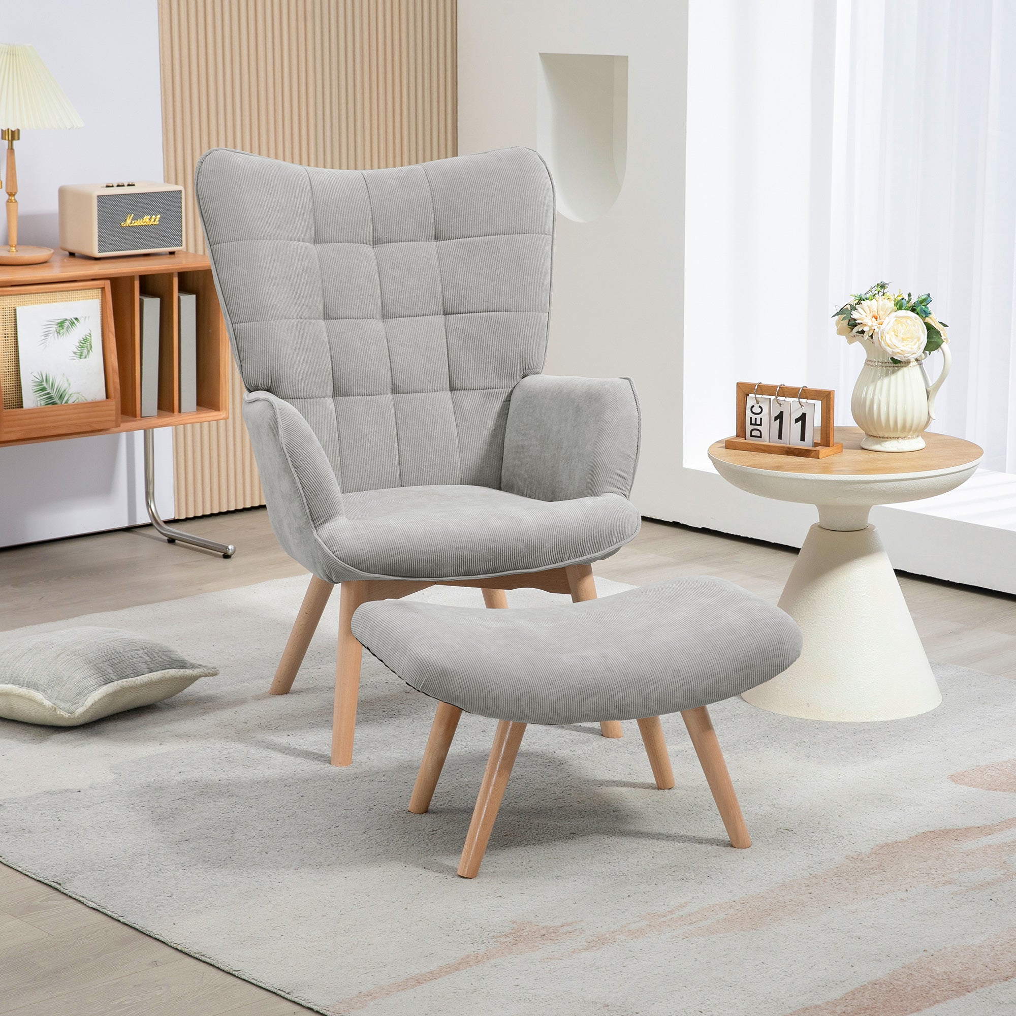 Relaxing Chair with Footstool in Corduroy with High Back and Armrests, Grey
