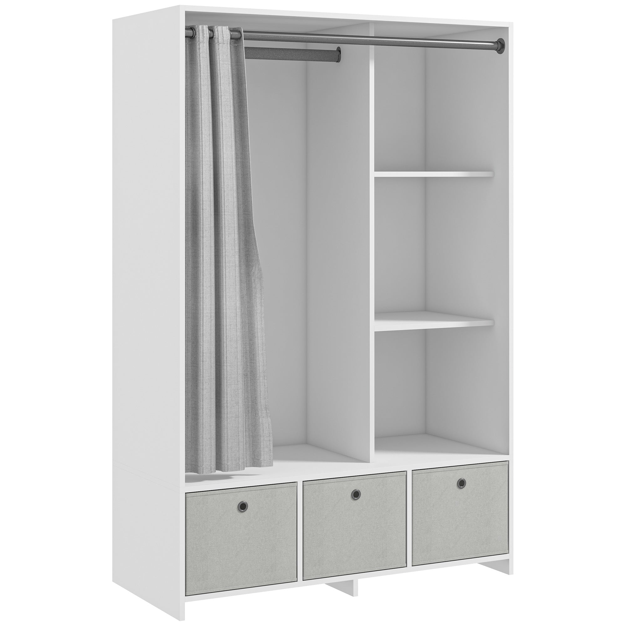 Wardrobe with Hanging Rail, 3 Fabric Drawers and 3 Shelves, 105x48x160 cm, White and Grey