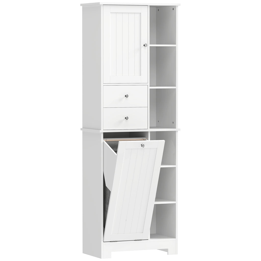 White Bathroom Cabinet, Tiltable Laundry Basket, Drawers