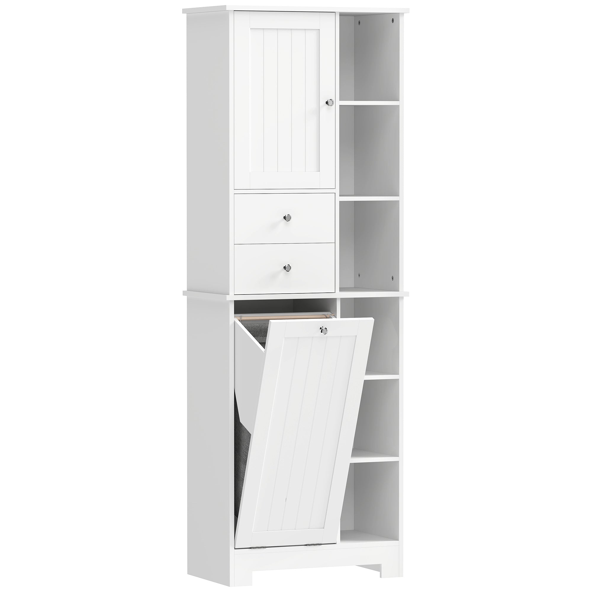 White Bathroom Cabinet, Tiltable Laundry Basket, Drawers