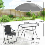 Outsunny 8-Piece Garden Set with Umbrella, 6 Folding Chairs and Tempered Glass Outdoor Table, Black