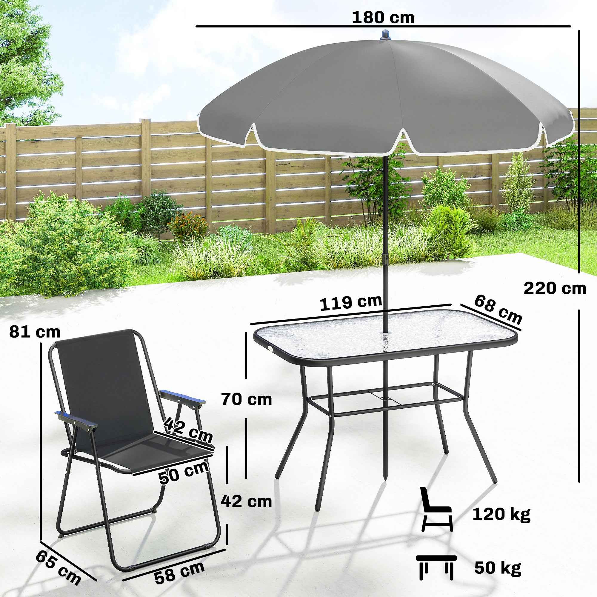 Outsunny 8-Piece Garden Set with Umbrella, 6 Folding Chairs and Tempered Glass Outdoor Table, Black