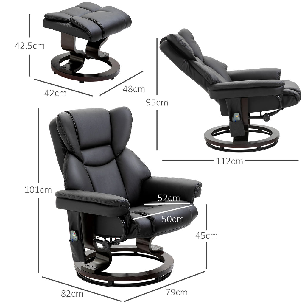 Relaxing Chair with Ottoman, Footrest and Massage Function, 145° Reclining and 360° Swivel, Black