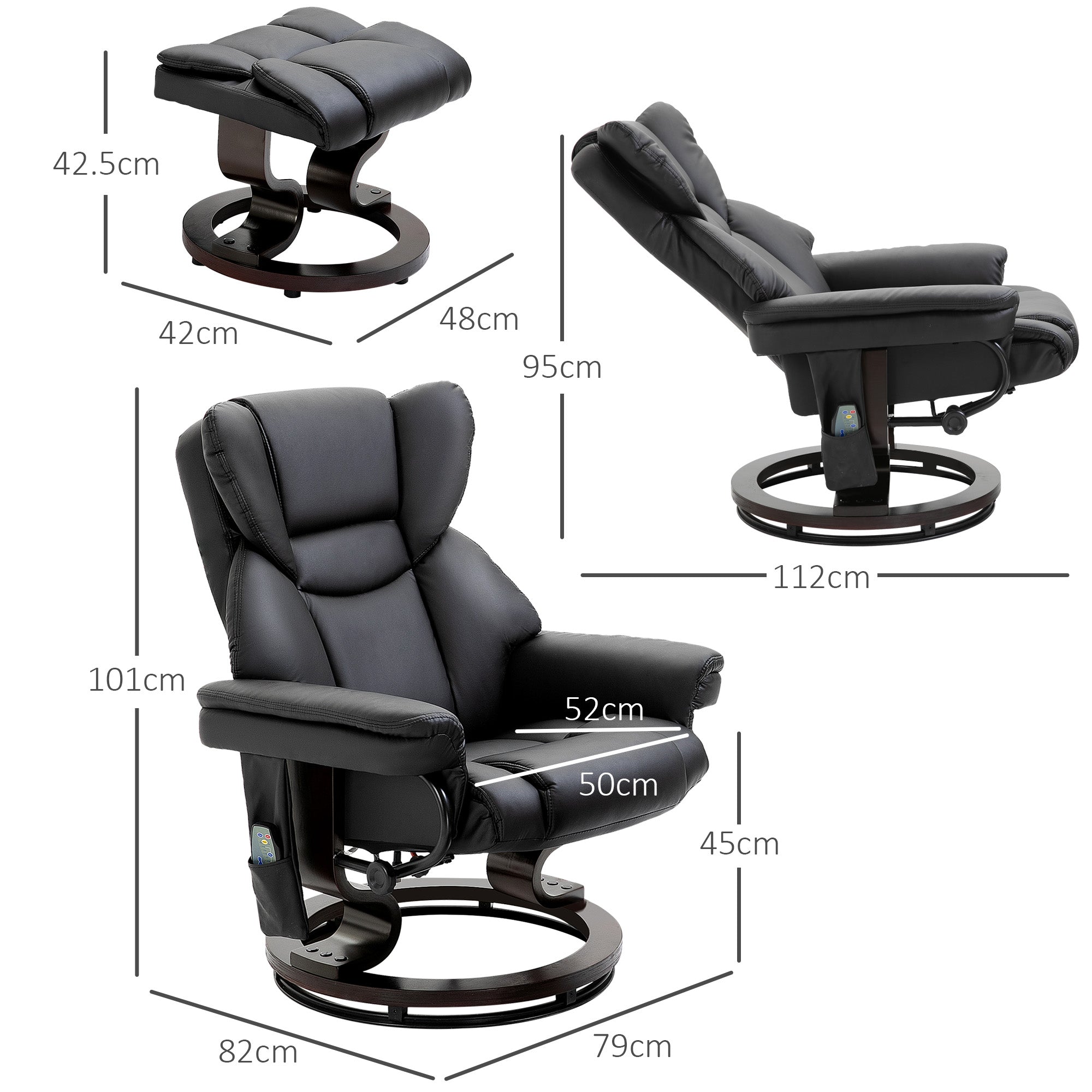 Relaxing Chair with Ottoman, Footrest and Massage Function, 145° Reclining and 360° Swivel, Black