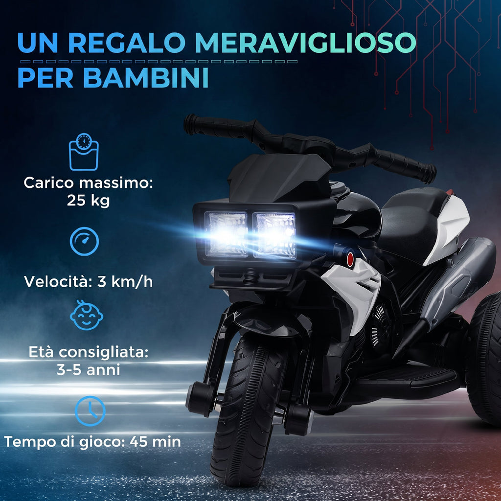 HOMCOM Electric Motorcycle for Children 3-5 Years (max. 25kg) with 3 Wheels, Lights and Sounds, 6V Battery, Black, 86x42x52cm