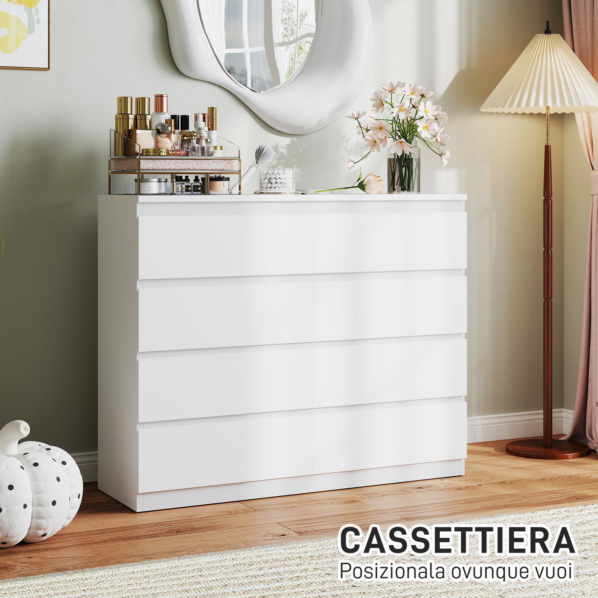 8 Drawer Chest of Drawers for Bedroom Wooden with Grooved Handles, 120x39x100 cm, White