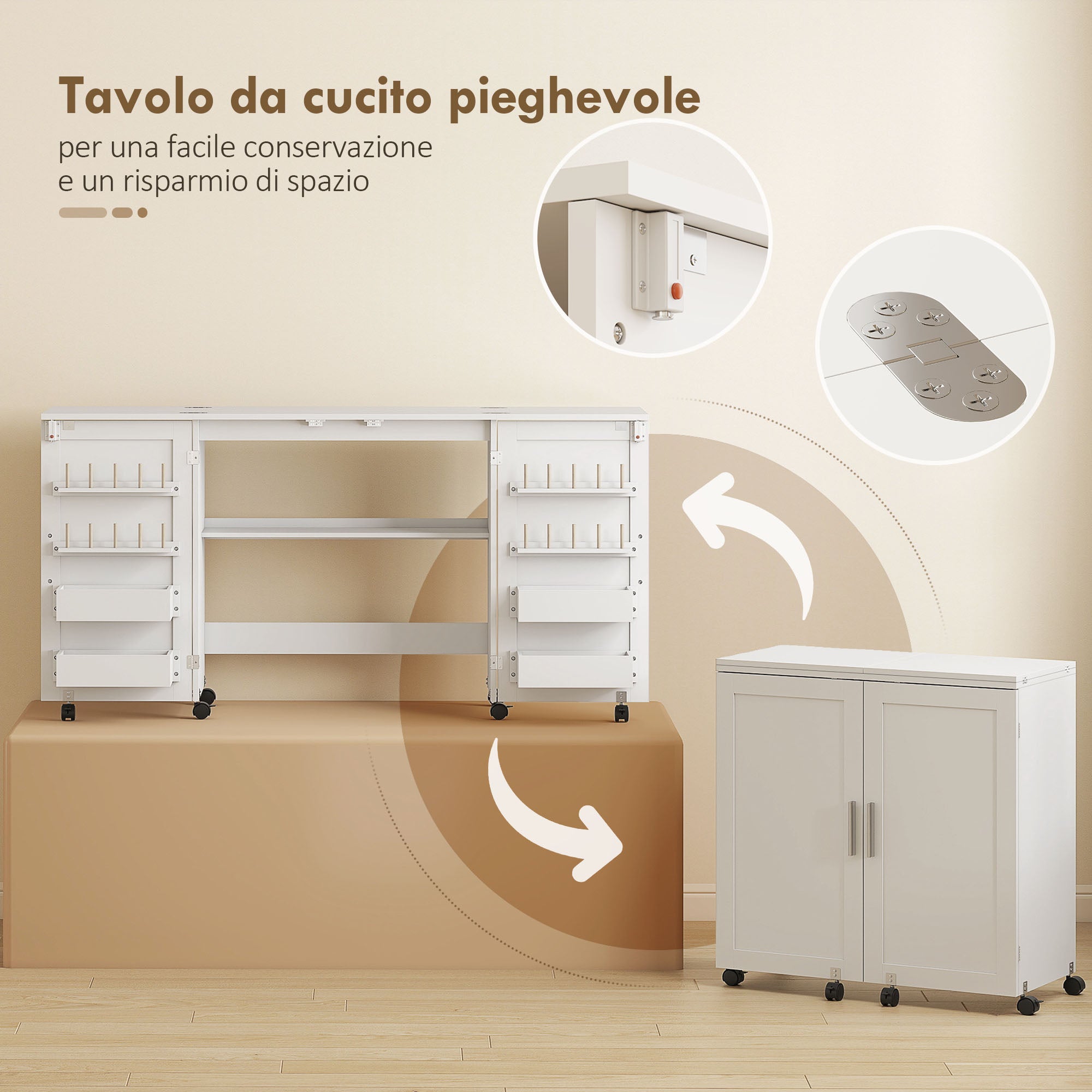 Folding Sewing Machine Table with Shelves, 20 Pegs, Lockable Wheels, White