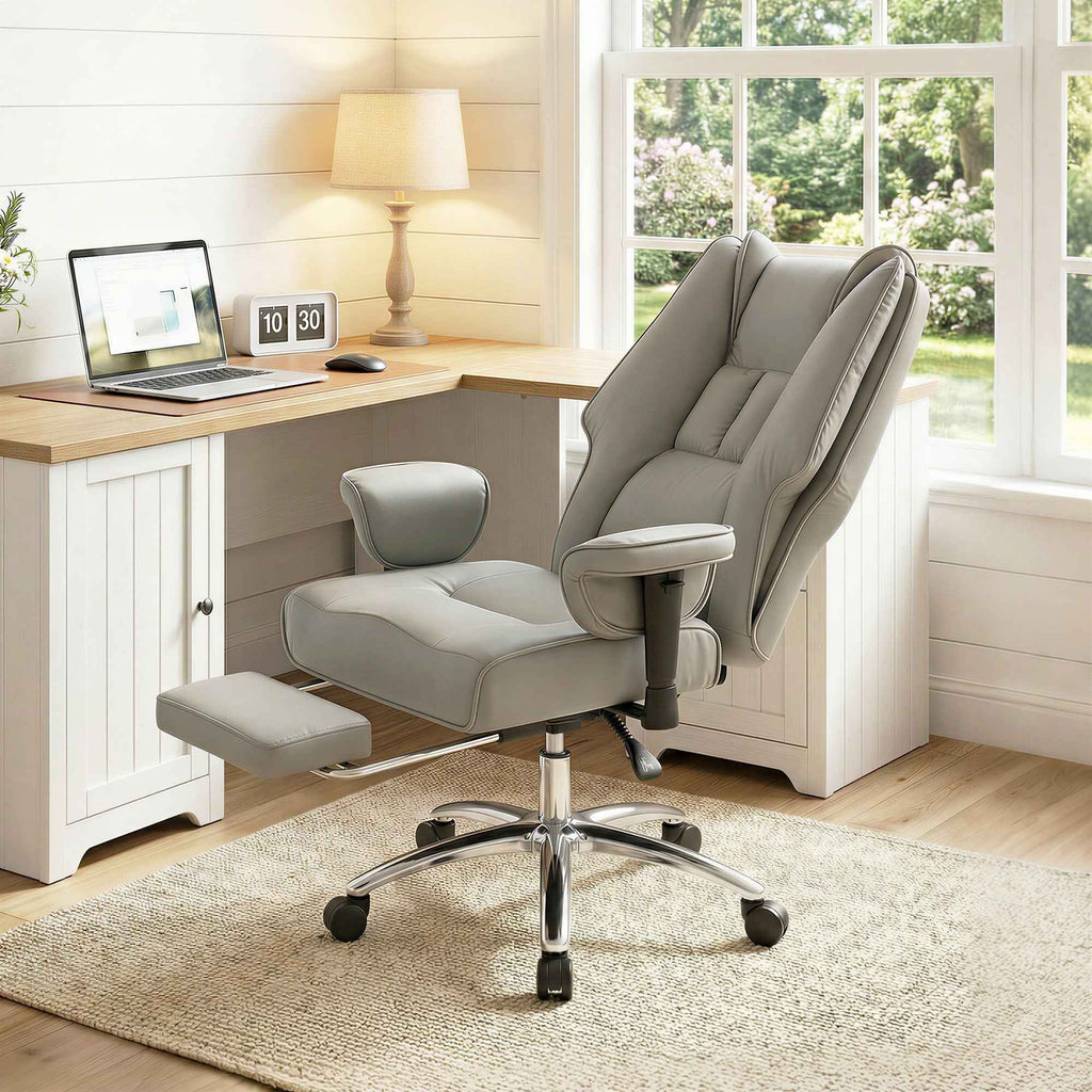 HOMCOM Ergonomic Reclining Office Chair with Footrest, High Back, Adjustable Height, Light Grey