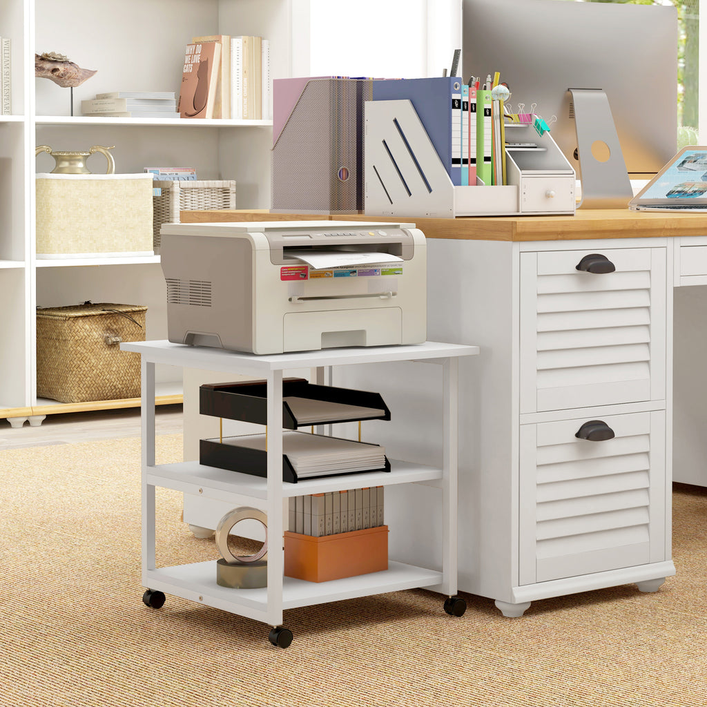 3-Tier Printer Cart with 4 Wheels, Wood and Steel, 50x50x52.5cm, White