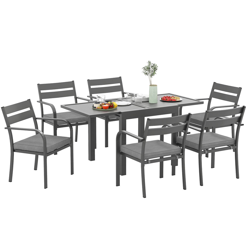 Garden Set with Extendable Table and 6 Stackable Chairs with Cushions, Grey