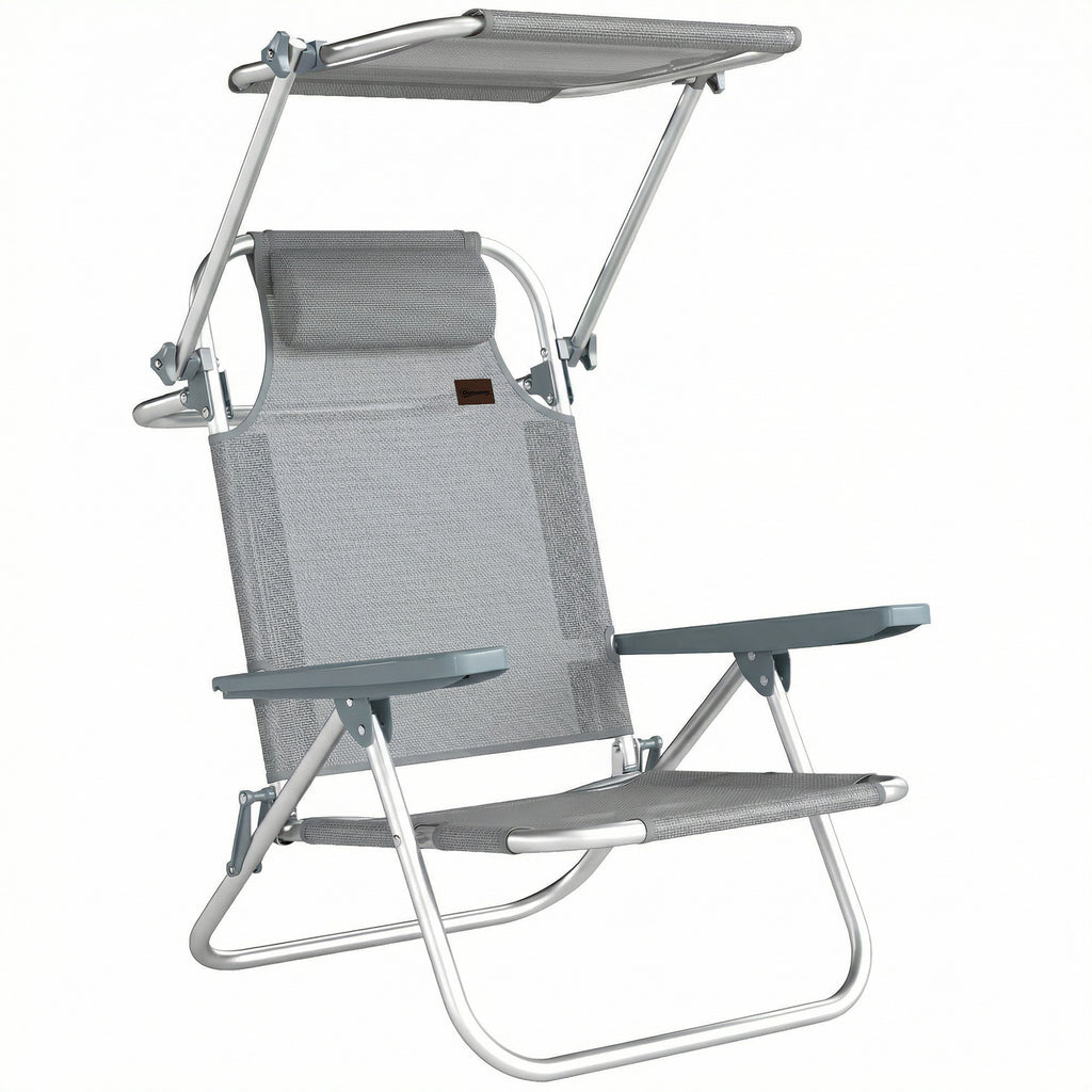 Outsunny 6-Level Reclining Deck Chair with Adjustable Canopy and Headrest, Aluminum and Mesh, 62x68x79, Gray