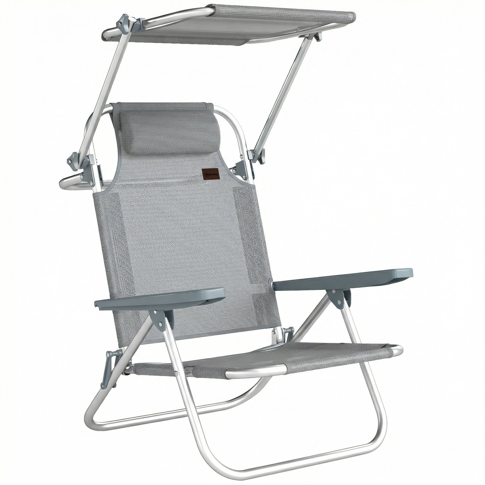 Outsunny 6-Level Reclining Deck Chair with Adjustable Canopy and Headrest, Aluminum and Mesh, 62x68x79, Gray