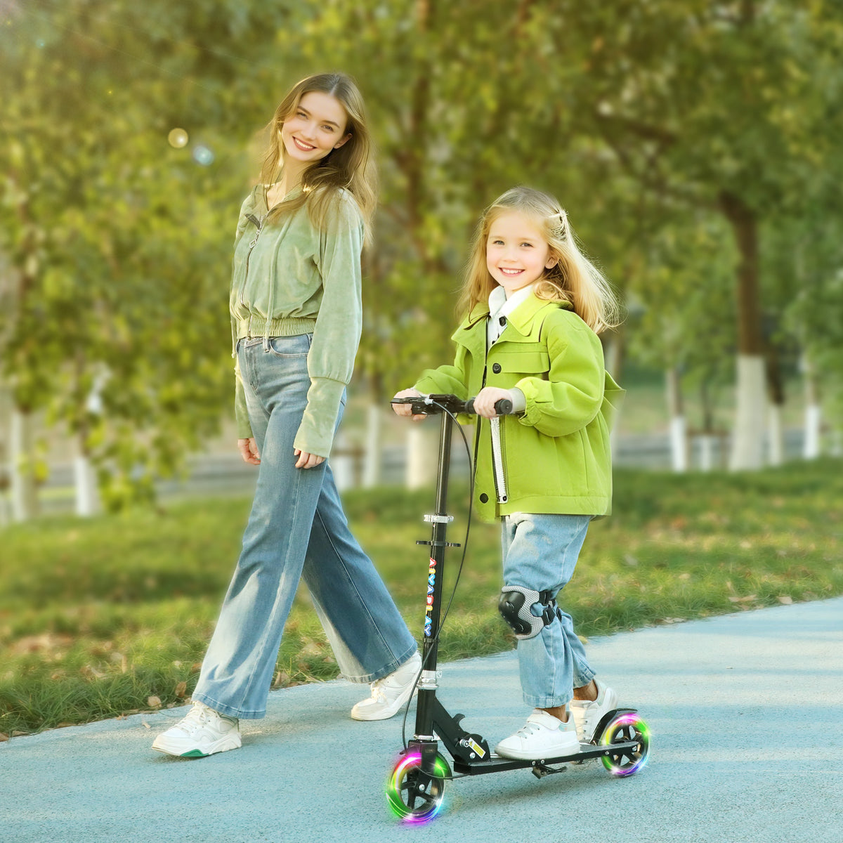 AIYAPLAY Scooter for Kids Ages 3-8 with Light-Up Wheels, Adjustable Handle and Rear Brake, Black