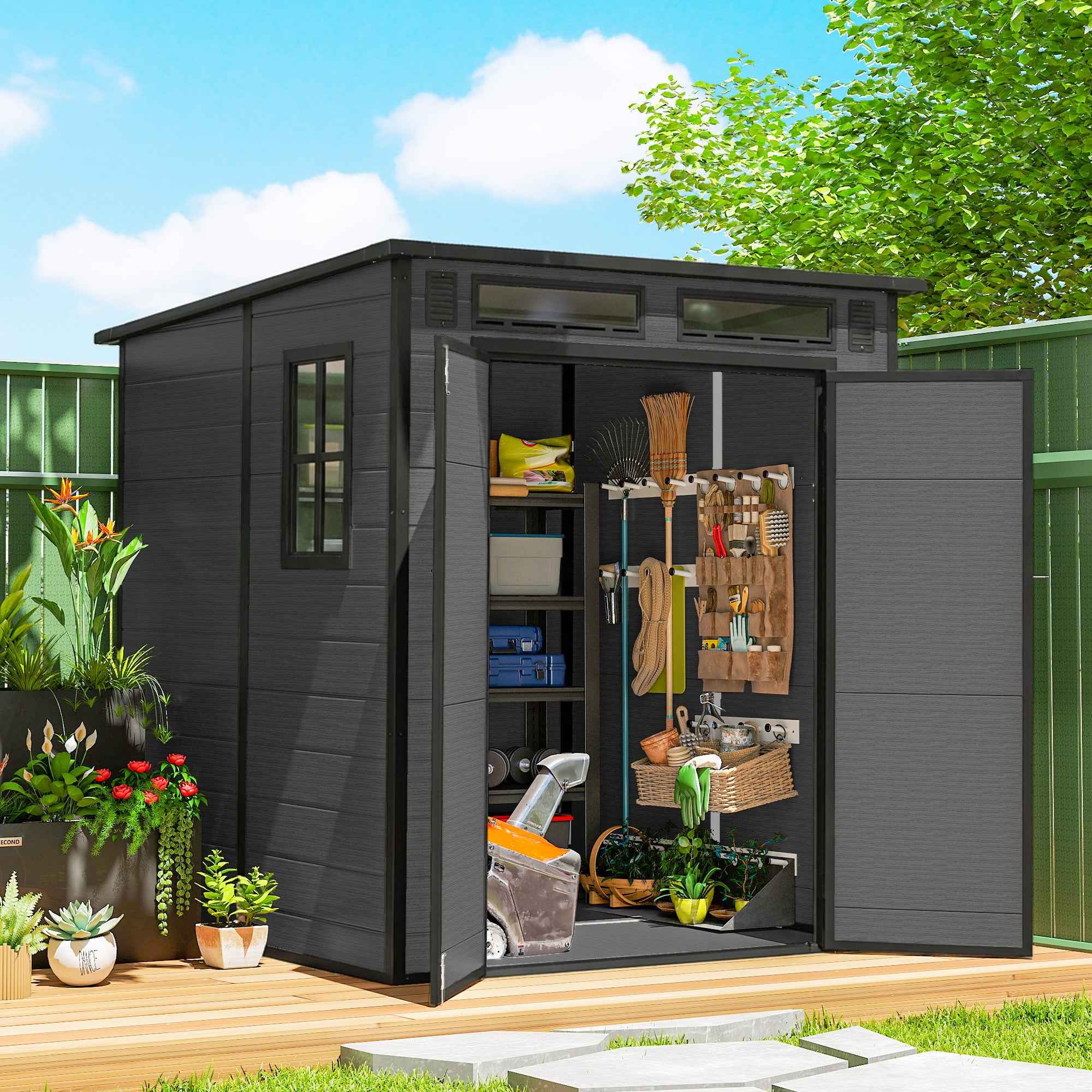 Garden Shed with 2 Entrances, 3 Windows and Air Vents, in PP and Aluminum, 182x182x196 cm, Dark Grey