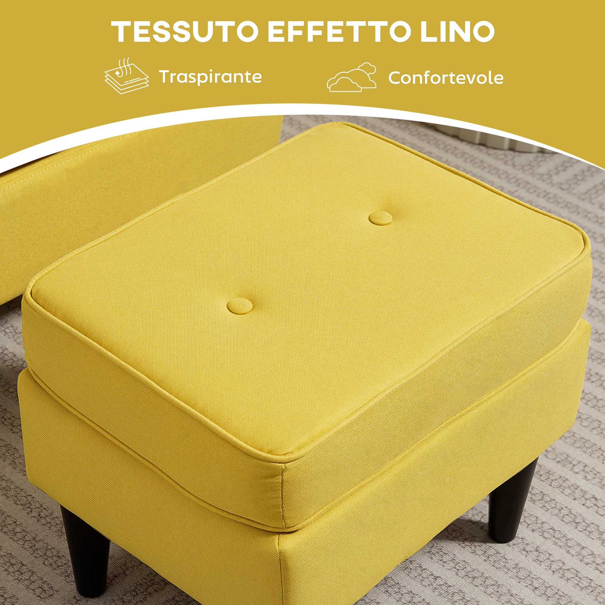 Contemporary Style Armchair with Footstool, in Linen Effect Fabric and Rubber Wood, 75x83x104 cm, Yellow