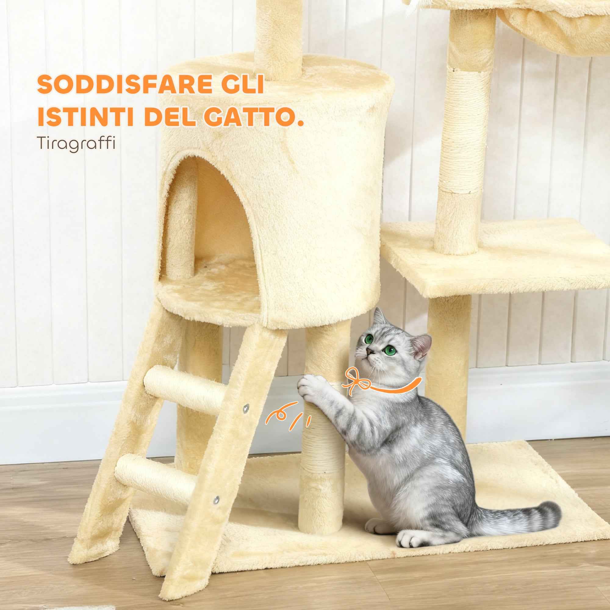 PawHut Cat Tower with House, Perch, Platforms and 4 Hanging Mice, 60x35x134 cm, Beige