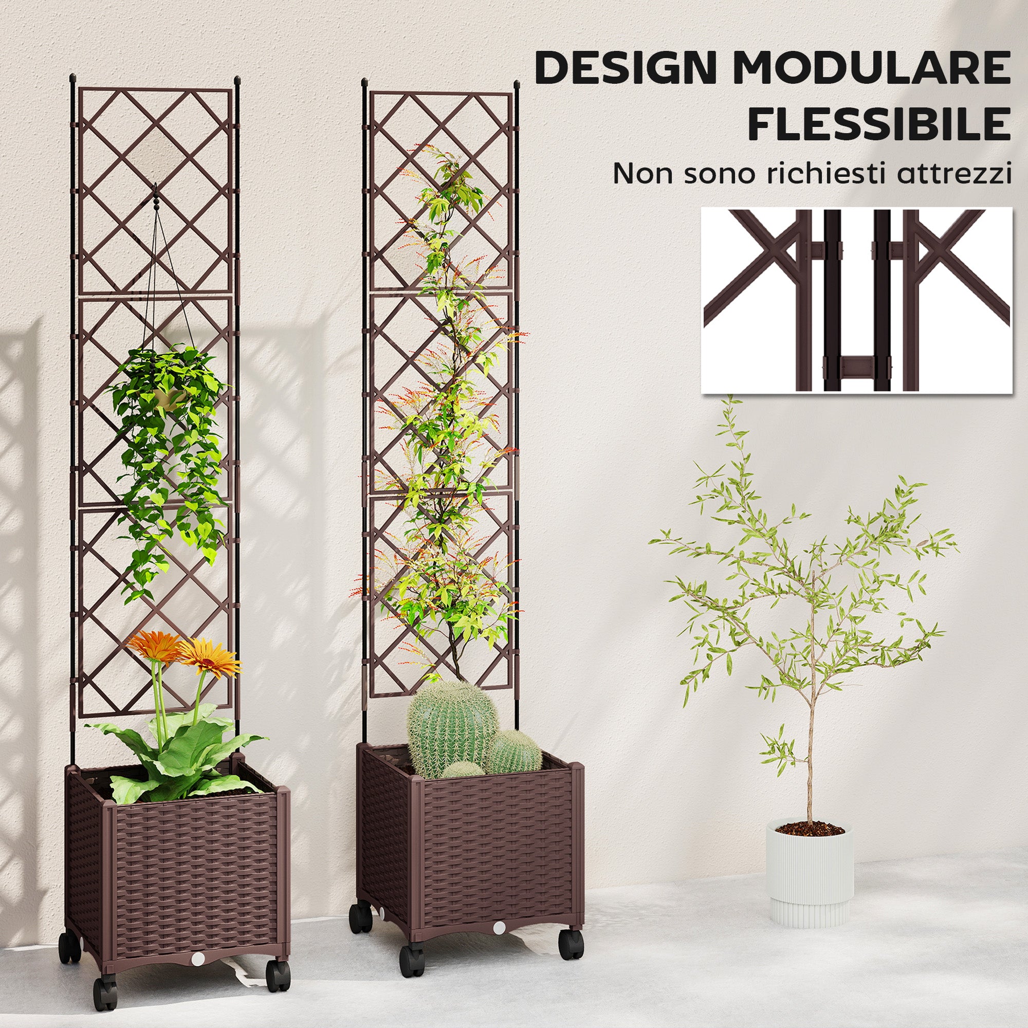 Outsunny 130L Raised Trellis Planter with Lockable Wheels and Self-Watering System, Brown