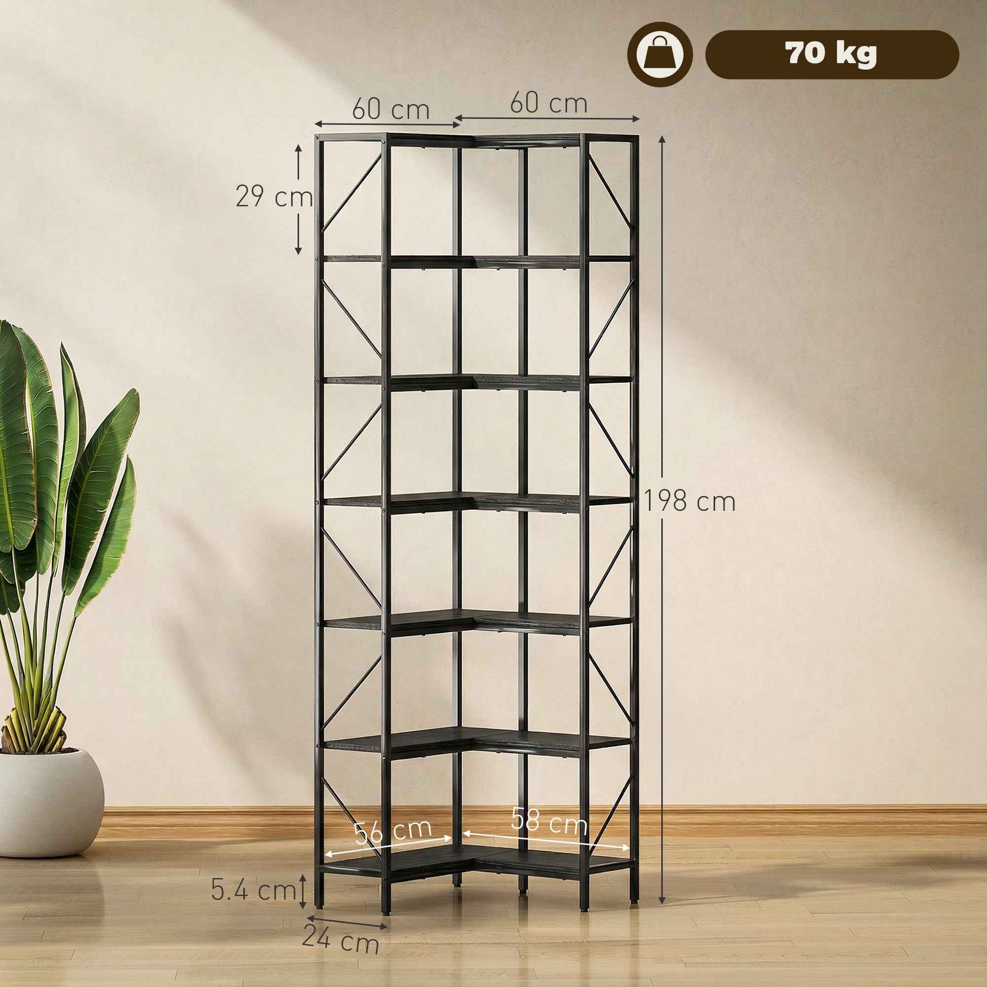 7-Tier Corner Bookcase, Industrial Shelf, Black Wood Effect