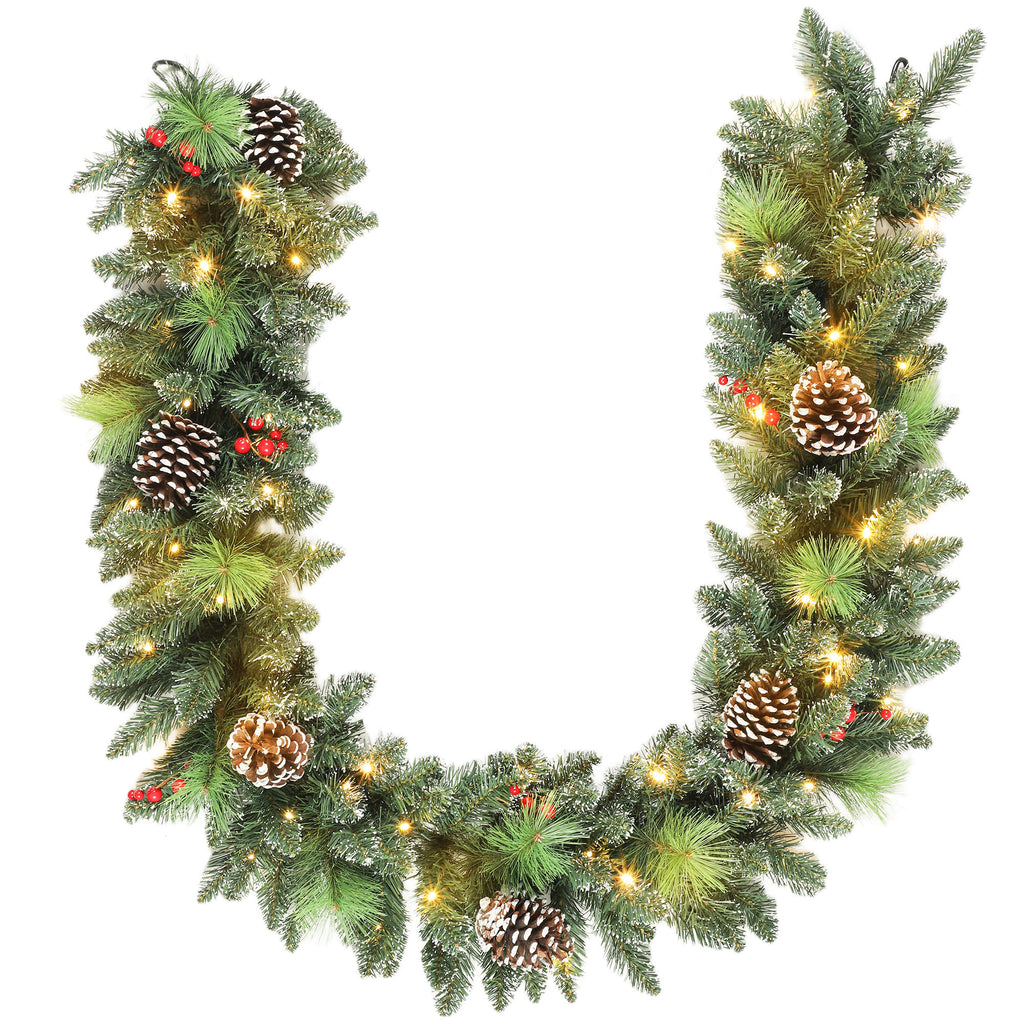 180cm Christmas Garland with Snow-Covered Branches and 30 White Lights, Pine Cones and Berries for Indoors