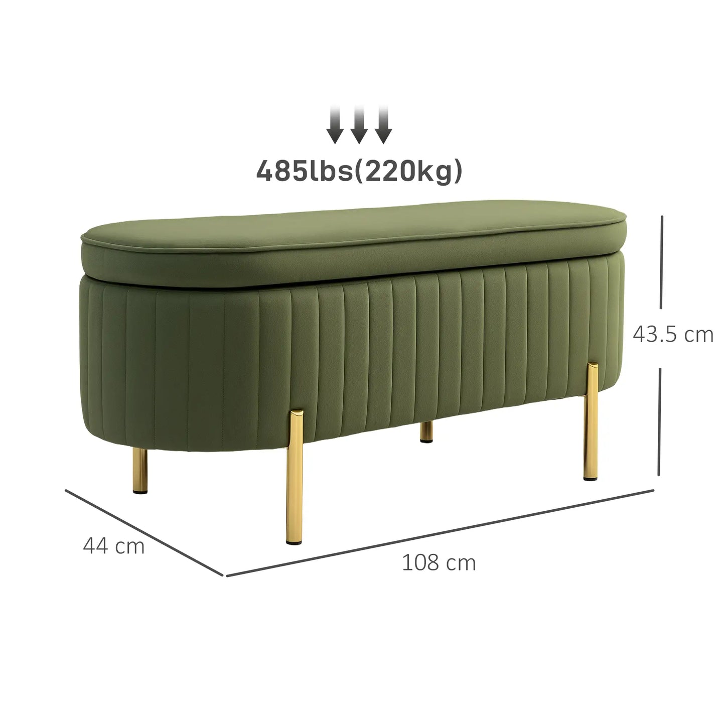 Oval Storage Bench 72L with Lift-Up Lid, Velvet and Wood Effect Fabric, 108x44x43.5 cm, Green