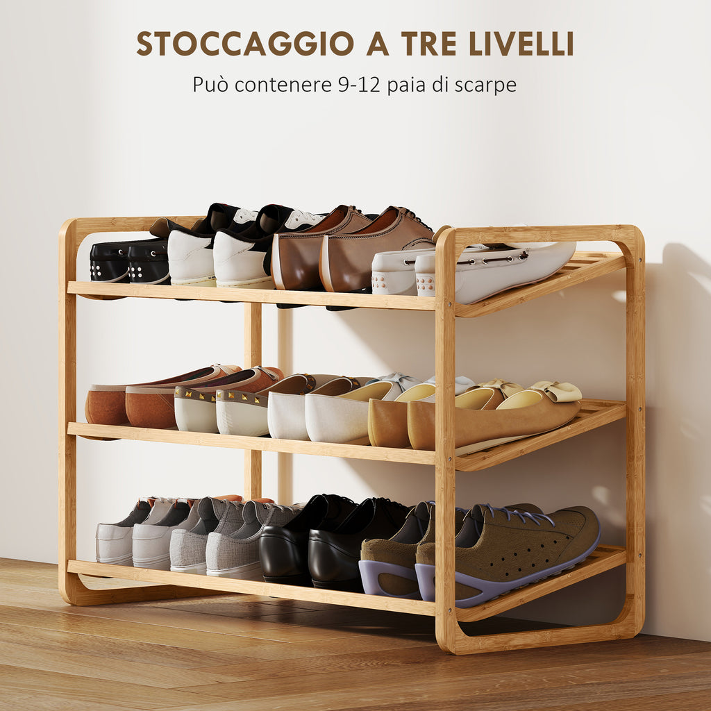 3-Tier Shoe Rack with Bamboo Slatted Shelves for 12 Shoes, 76 x 33 x 50.8 cm, Wood Color