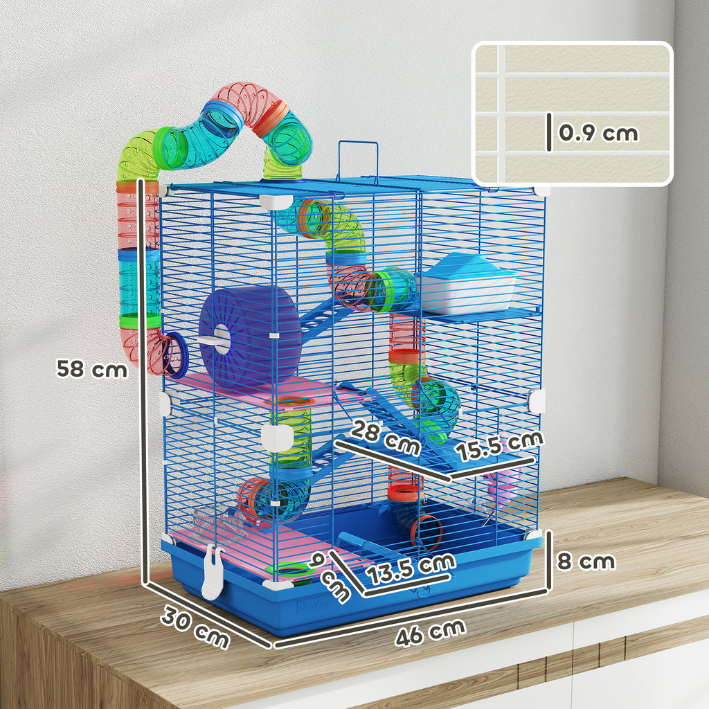 5-Level Hamster Cage with Tubes, Wheel, Ladders, House and Bottle, 46x30x58 cm