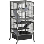 4 Level Small Animal Cage with Ramps, Platforms, Hammock and Wheels, 52x52x115 cm, Grey