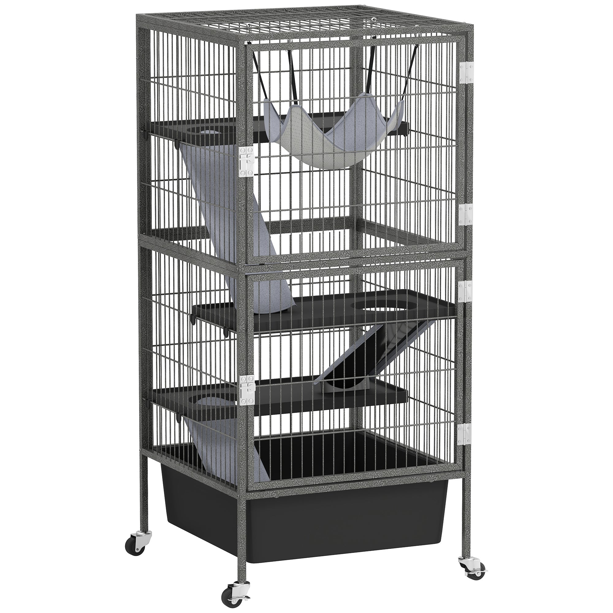 4 Level Small Animal Cage with Ramps, Platforms, Hammock and Wheels, 52x52x115 cm, Grey