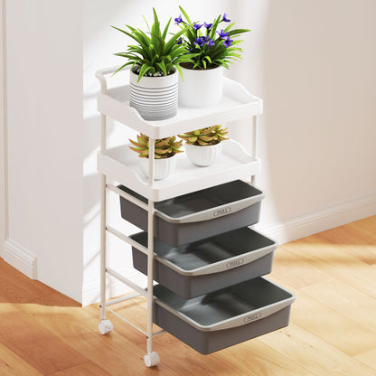 Storage Trolley with 2 Fixed Trays and 3 Sliding Trays, Steel and PP, 40x34x85 cm, White and Grey