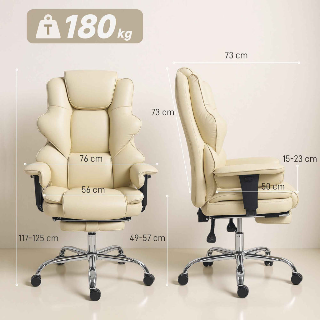 HOMCOM Office Chair with Footrest and Headrest, PU Leather, Foam and Metal, 76x73x117-125 cm, Cream White