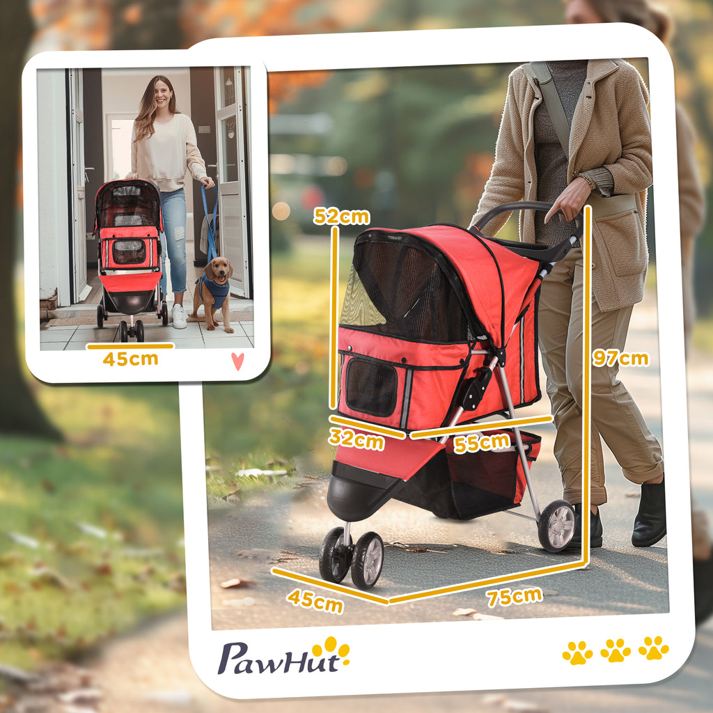 Folding Dog Stroller for Small Dogs, Dog Pushchair with Braked Wheels, Cup Holder, Storage Basket and Removable and Washable Padding, for Pets up to 10 kg, Red