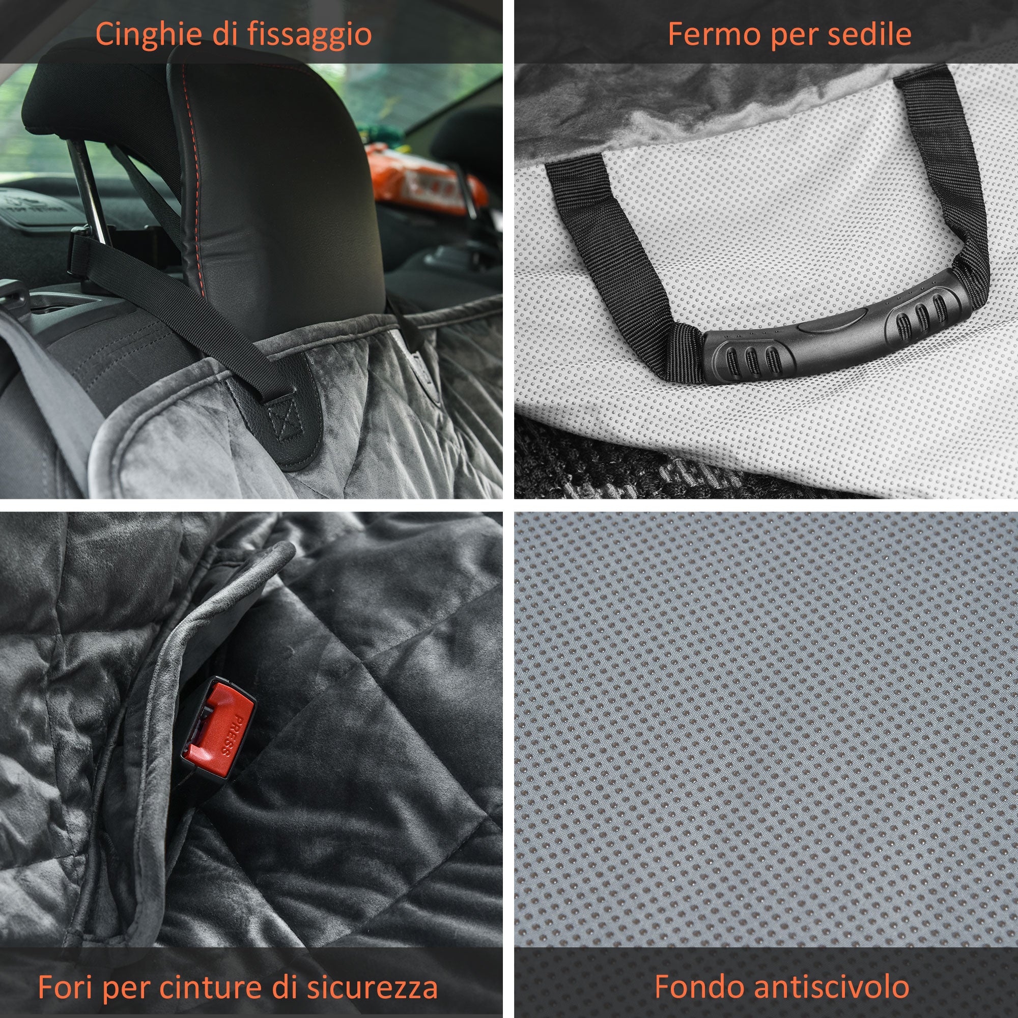 Velvet Dog Car Seat Cover with Non-Slip Backing and Attachment Straps, 160x145cm, Grey