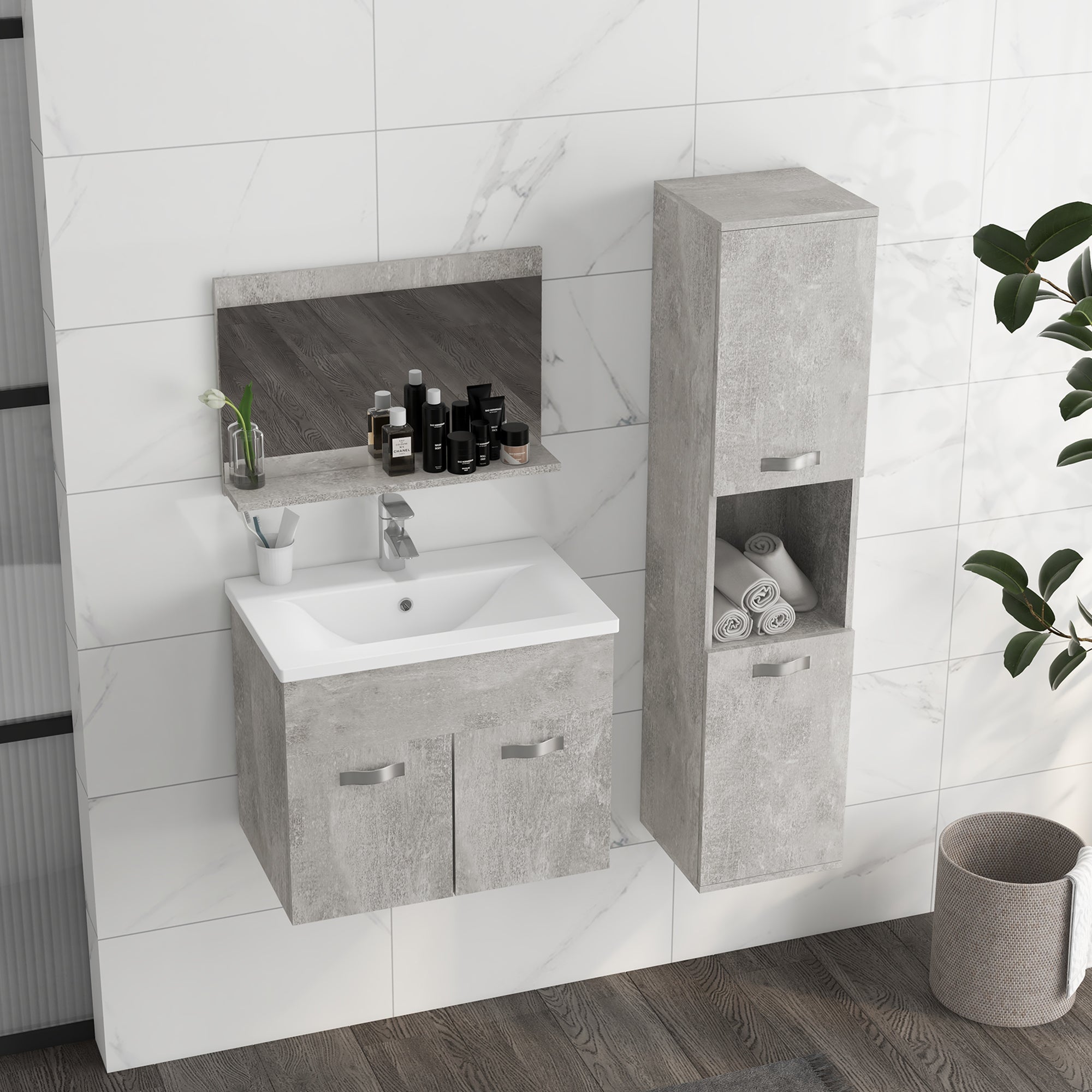 Kleankin 4 Piece Bathroom Furniture Set with 60cm Sink, Cabinet, Bathroom Column and Wooden Mirror, Grey - Borgè