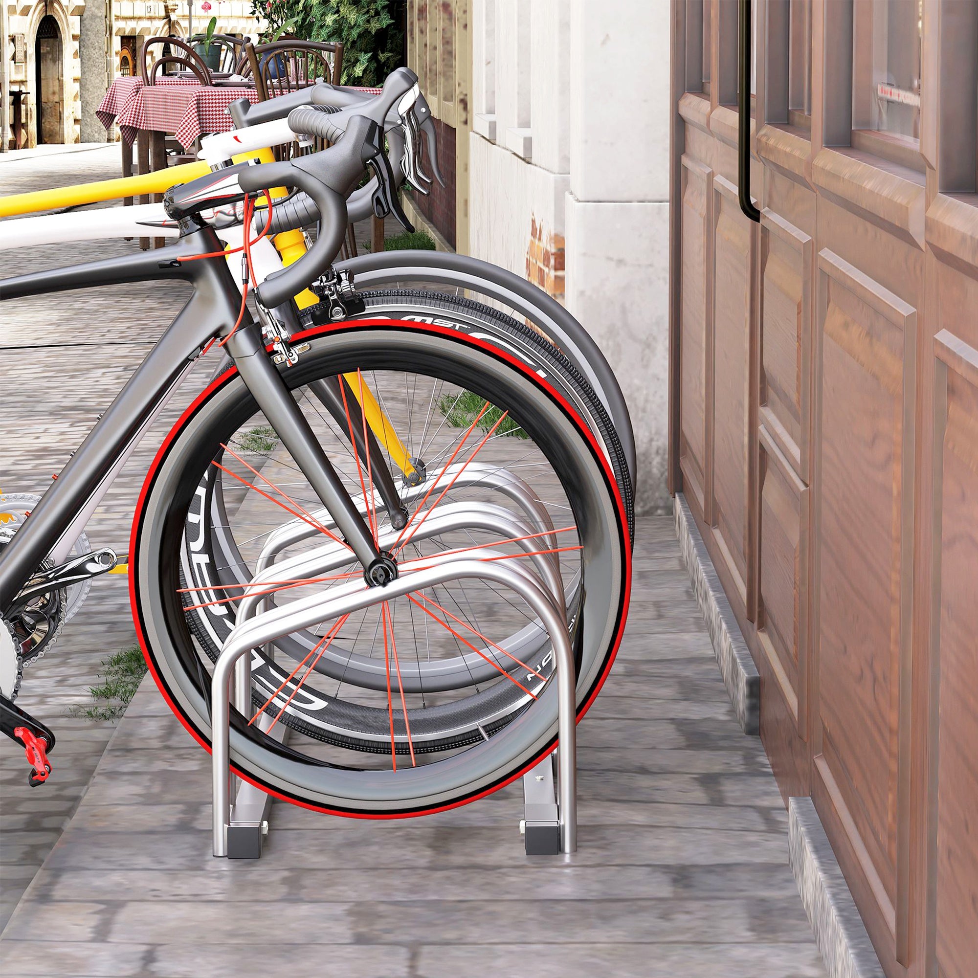 Floor or Wall Mounted Bike Rack, Steel Bike Storage for 3 Bikes, Wheels up to 55 mm, 70.5 x 33 x 27 cm, Silver