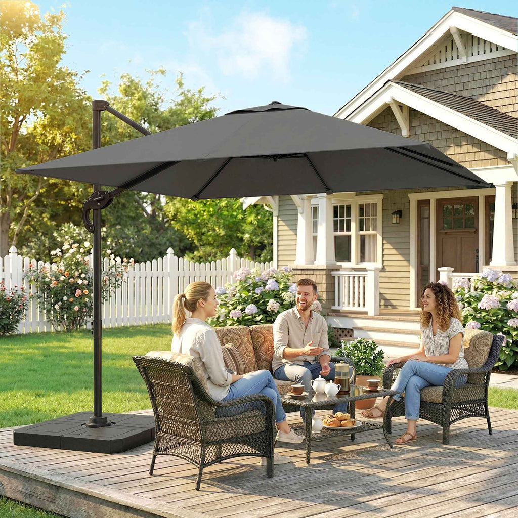 Outsunny 2.4x2.4m Hand Crank Garden Umbrella with Fillable and Rotating Base, Dark Grey