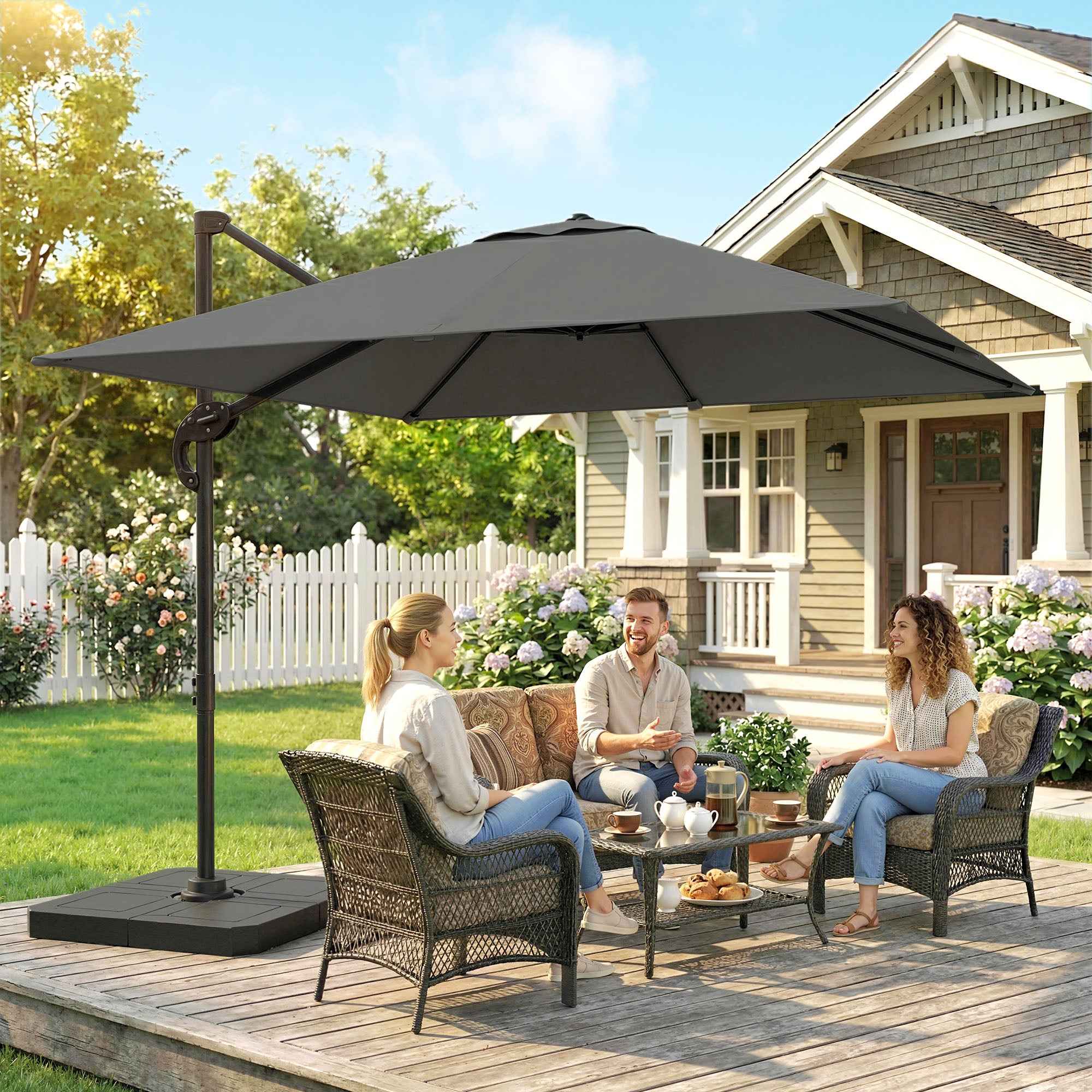 Outsunny 2.4x2.4m Hand Crank Garden Umbrella with Fillable and Rotating Base, Dark Grey