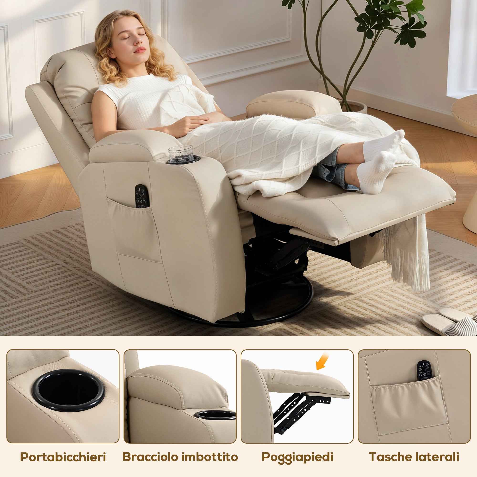 HOMCOM Heated Massage Recliner, 8 Massage Points and 3 Modes with Remote Control, PU Leather, Cream