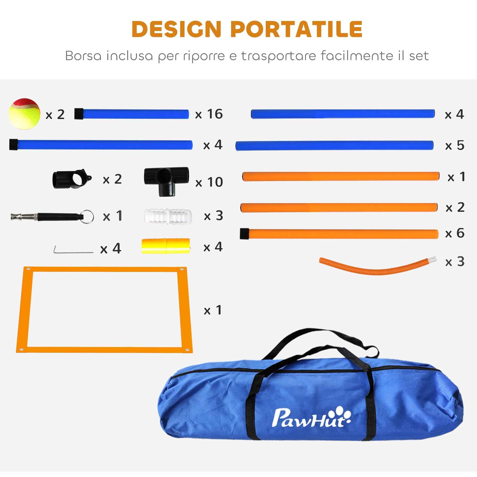 PawHut Dog Agility Set with Ring and Jump Bar, Slalom Poles, Whistle, Balls and Bag, Orange