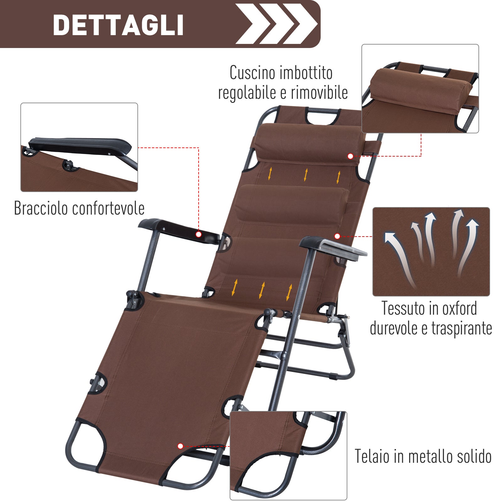 Folding and Collapsible Garden Lounger in Oxford Fabric, 135x60x89cm - Brown