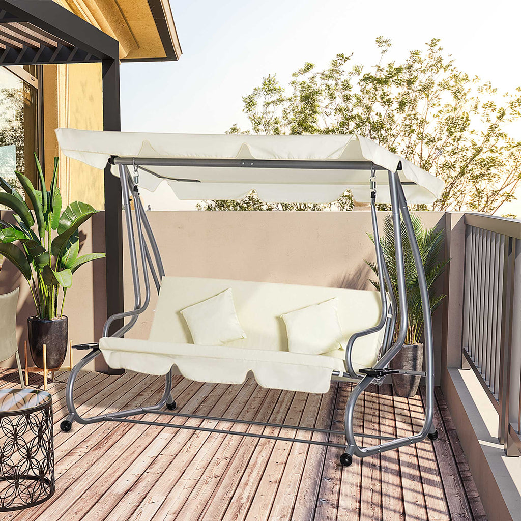 Outsunny 3-Seater Swing Garden Bed with Adjustable Roof and 2 Cup Holders, 200x120x164 cm, Cream - Borgè