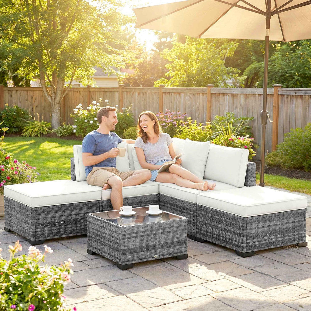 Outsunny 6-Piece Rattan and Steel Garden Furniture Set with Sofa, Coffee Table, and Cushions, Grey