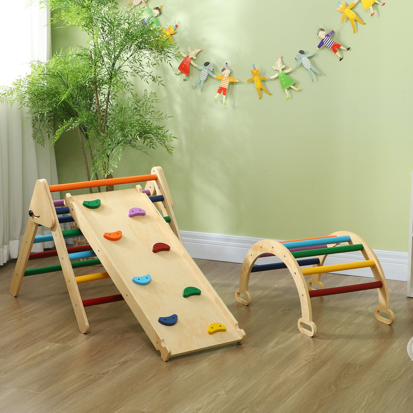 Montessori Children's Climbing Game with Triangle and Arch and Ramp with Pine Wood Stones, 178x64. 5x63 cm