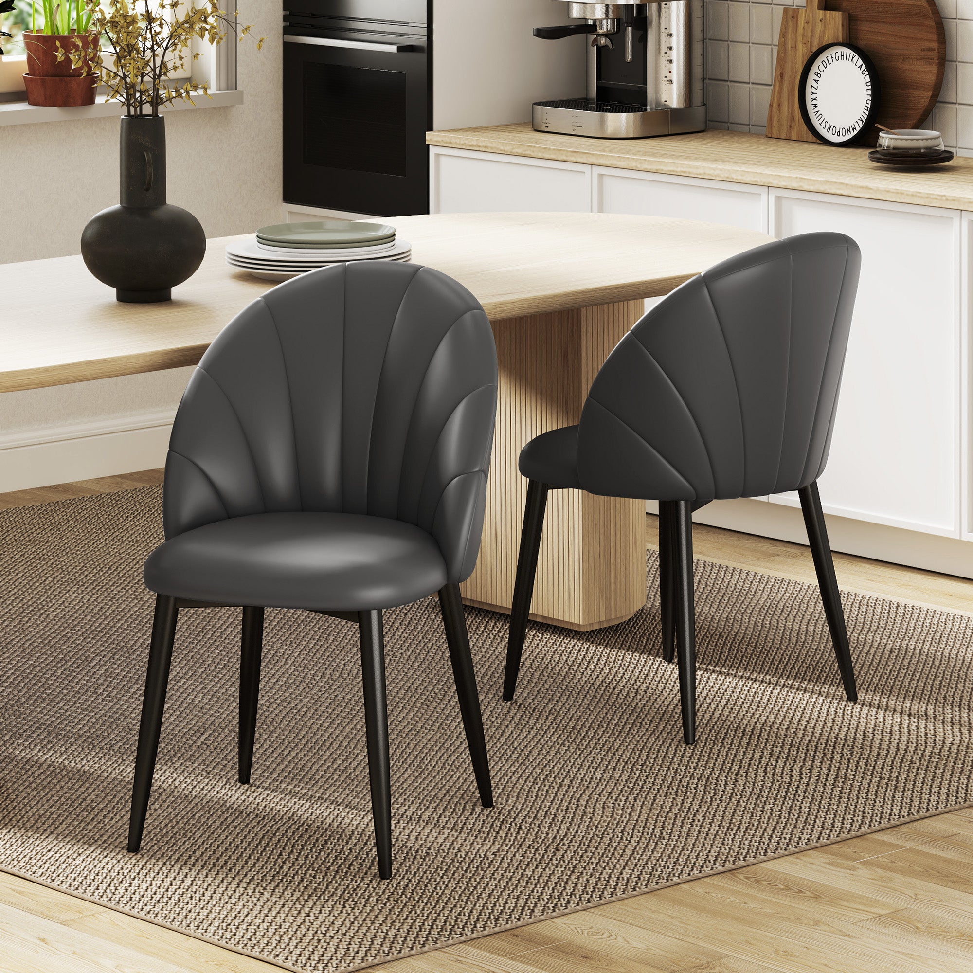 Set of 2 PU Leather Dining Chairs with Metal Legs and Shell Backrest, Dark Gray