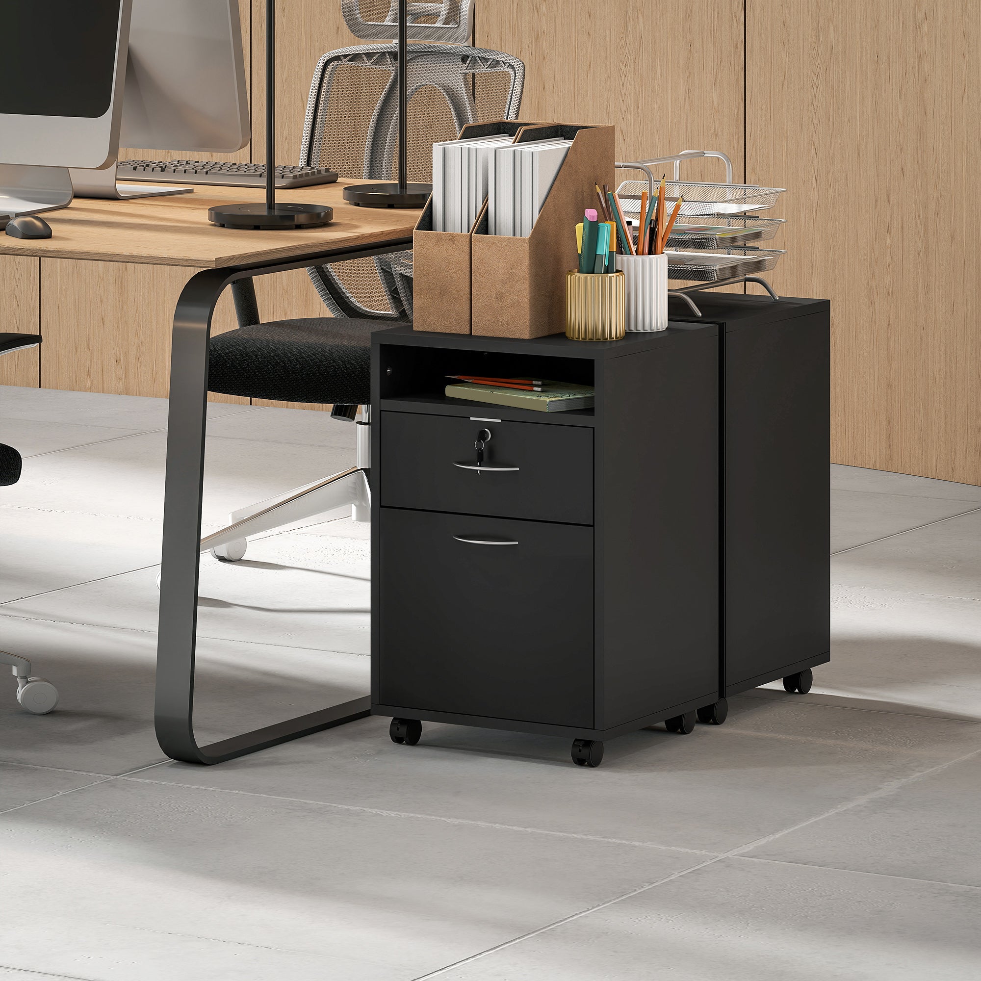 Wooden Office Cabinet with Open Shelf, Lockable Drawer and Storage Cabinet, 40x35x60 cm, Black