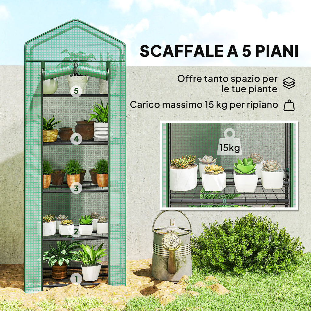 Outsunny 5-Tier Greenhouse with Zip Door, Steel and PE, 69x49x193 cm, Green