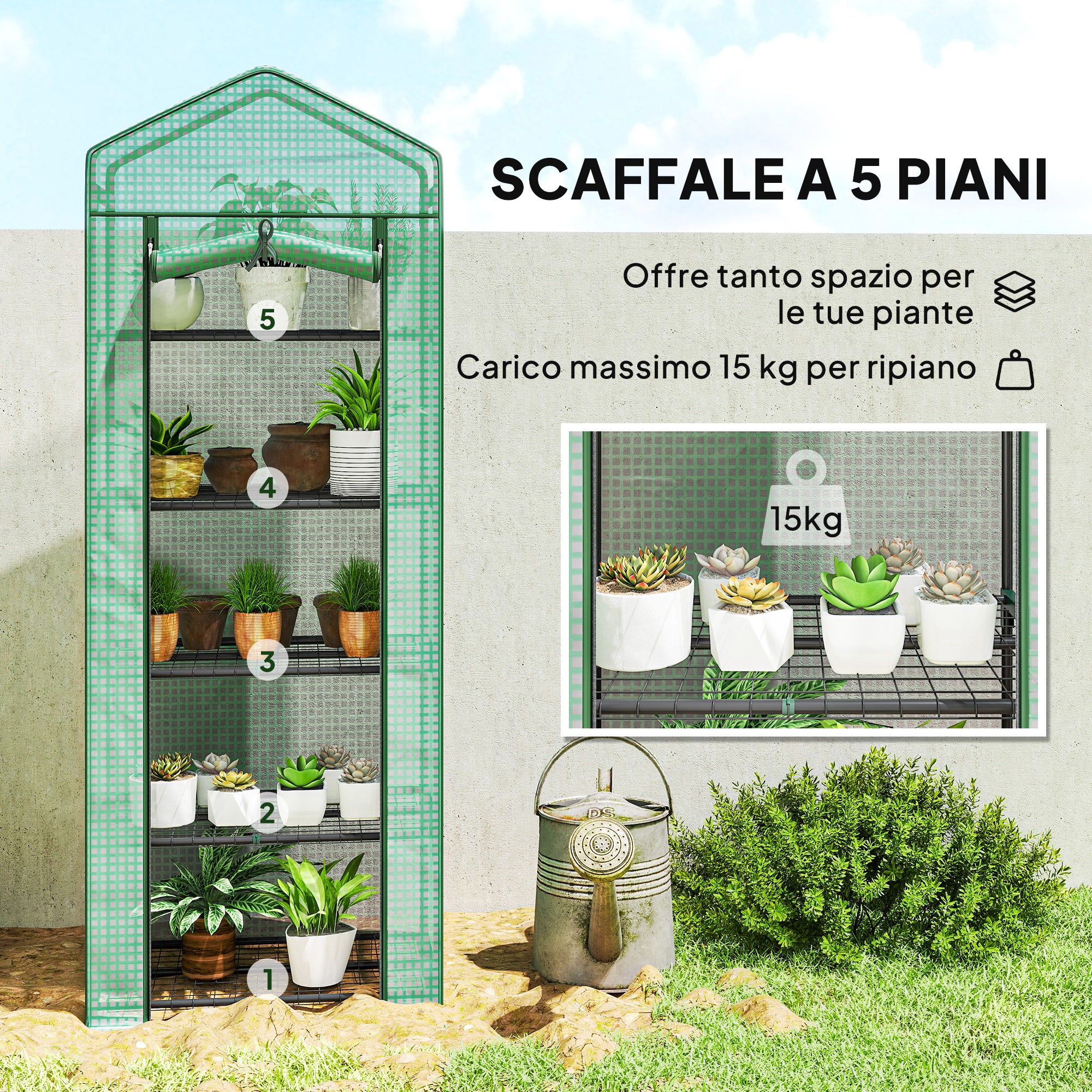 Outsunny 5-Tier Greenhouse with Zip Door, Steel and PE, 69x49x193 cm, Green