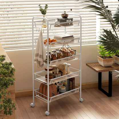 5-Tier Space-Saving Kitchen Cart with Steel Mesh Baskets, 45x26.5x106cm, White