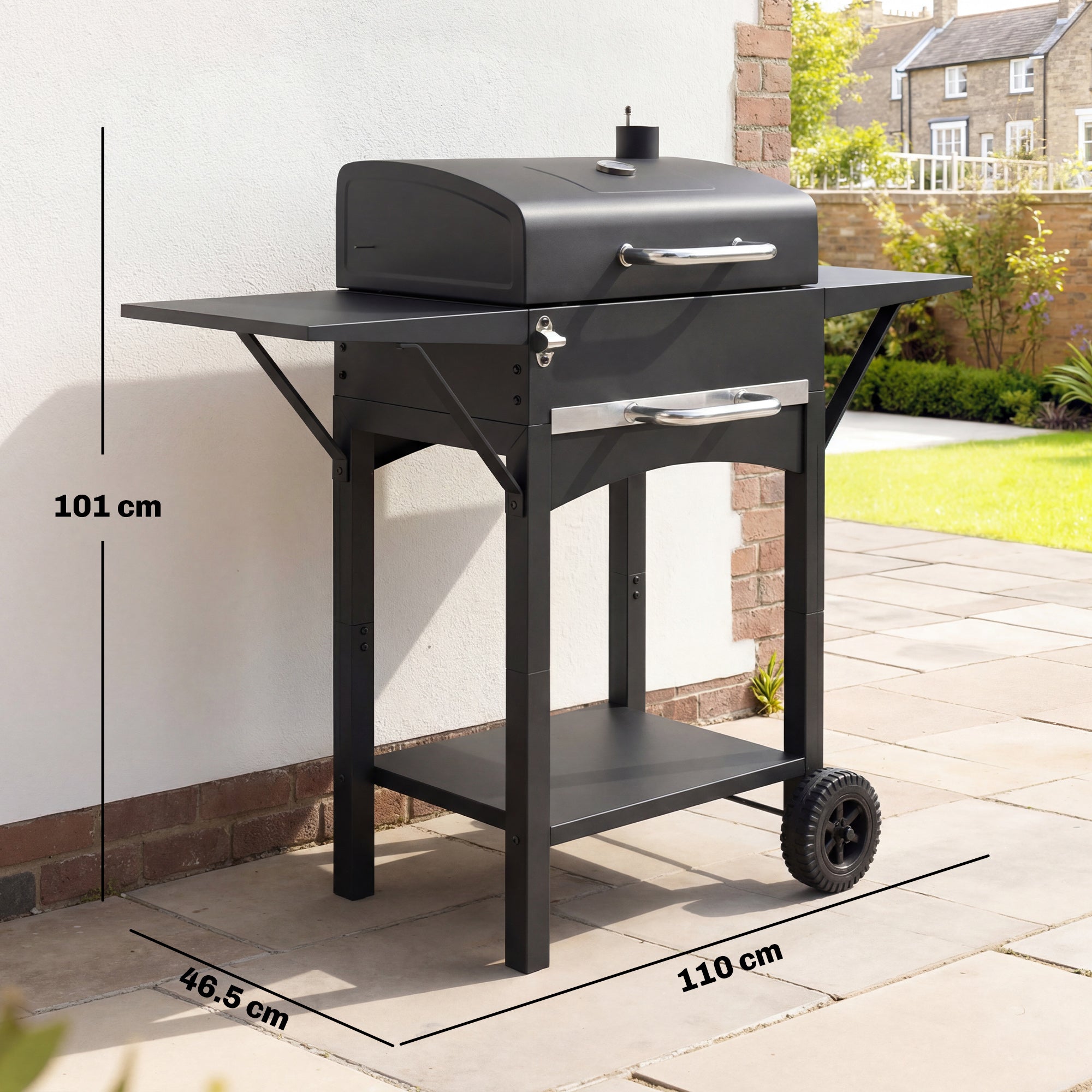 Outsunny Charcoal Barbecue with 2 Side Shelves, Thermometer, Lid and Wheels, 110x46.5x101 cm, Black