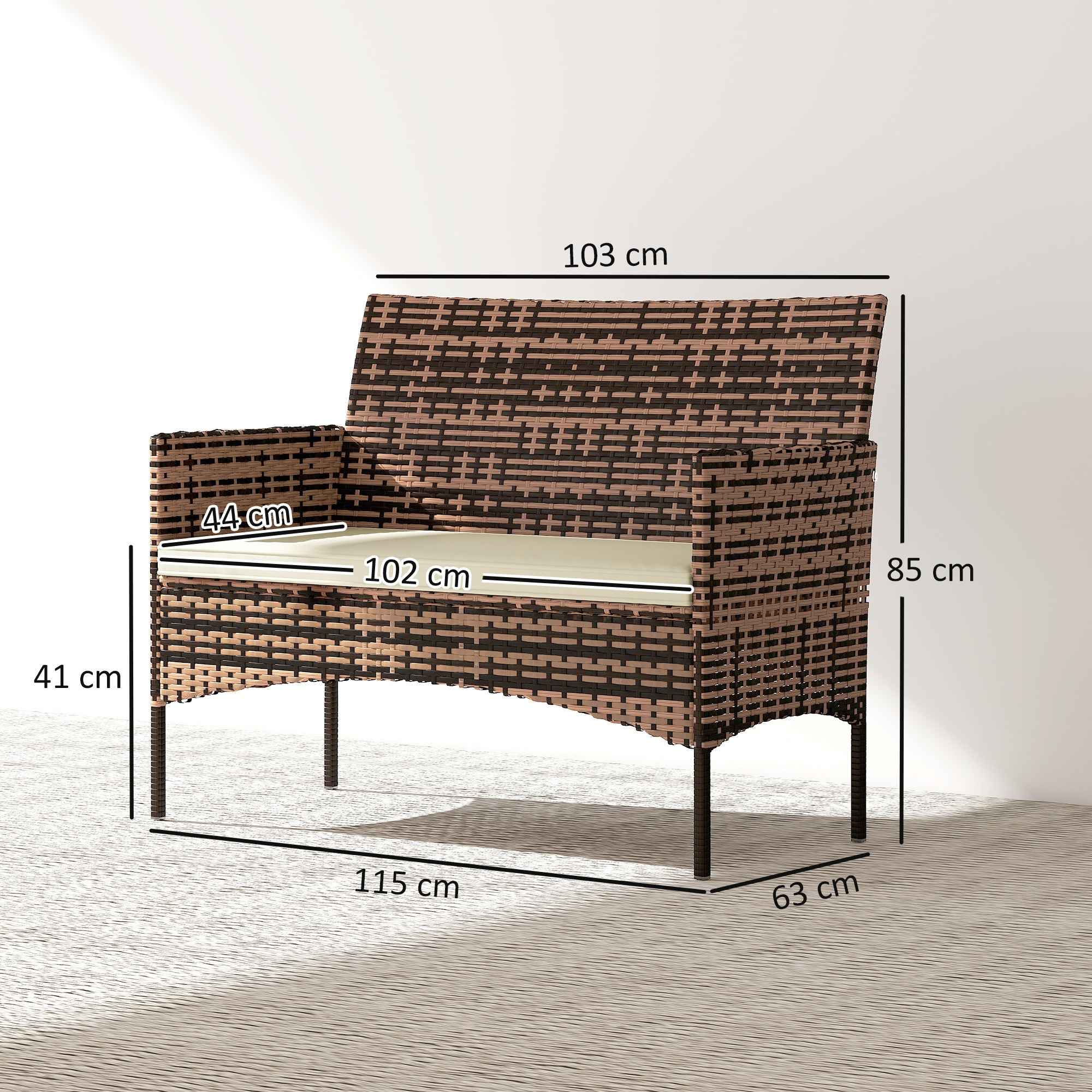 Outsunny 2-Seater Garden Sofa with Cushions and Non-Slip Mats, in Rattan and Steel, 115x63x85 cm, Beige